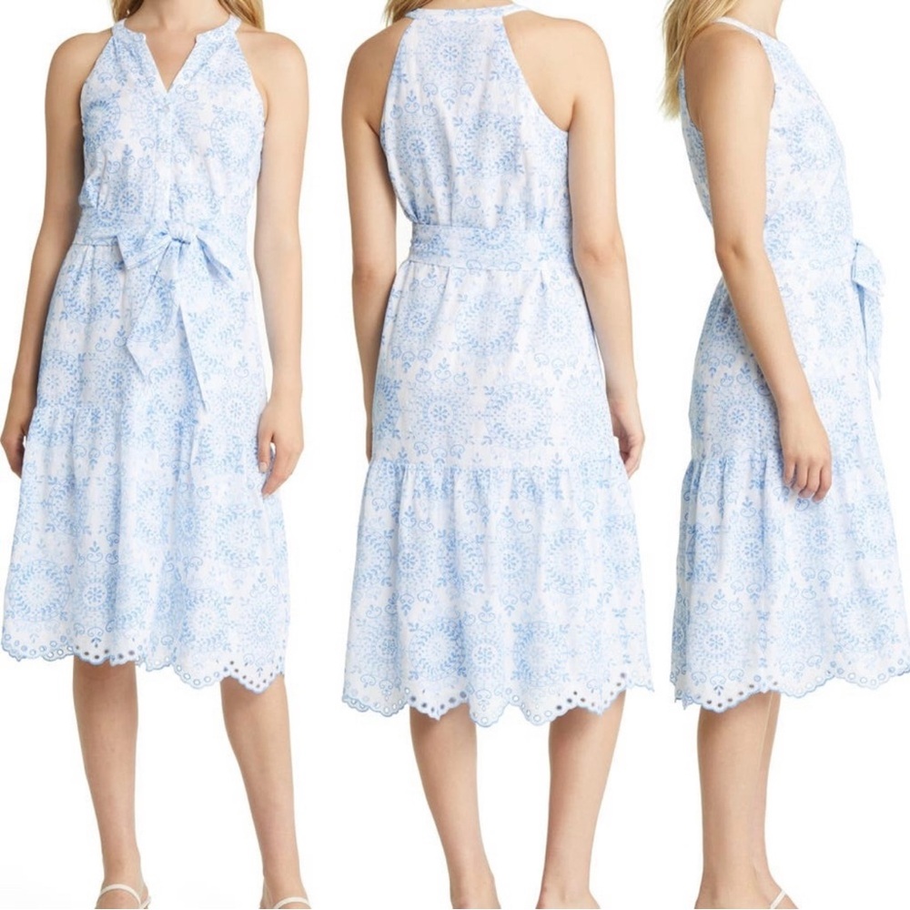 Lilly Pulitzer Dress Sz XL Kiri Tie Waist Eyelet Midi Dress Boca Blue
